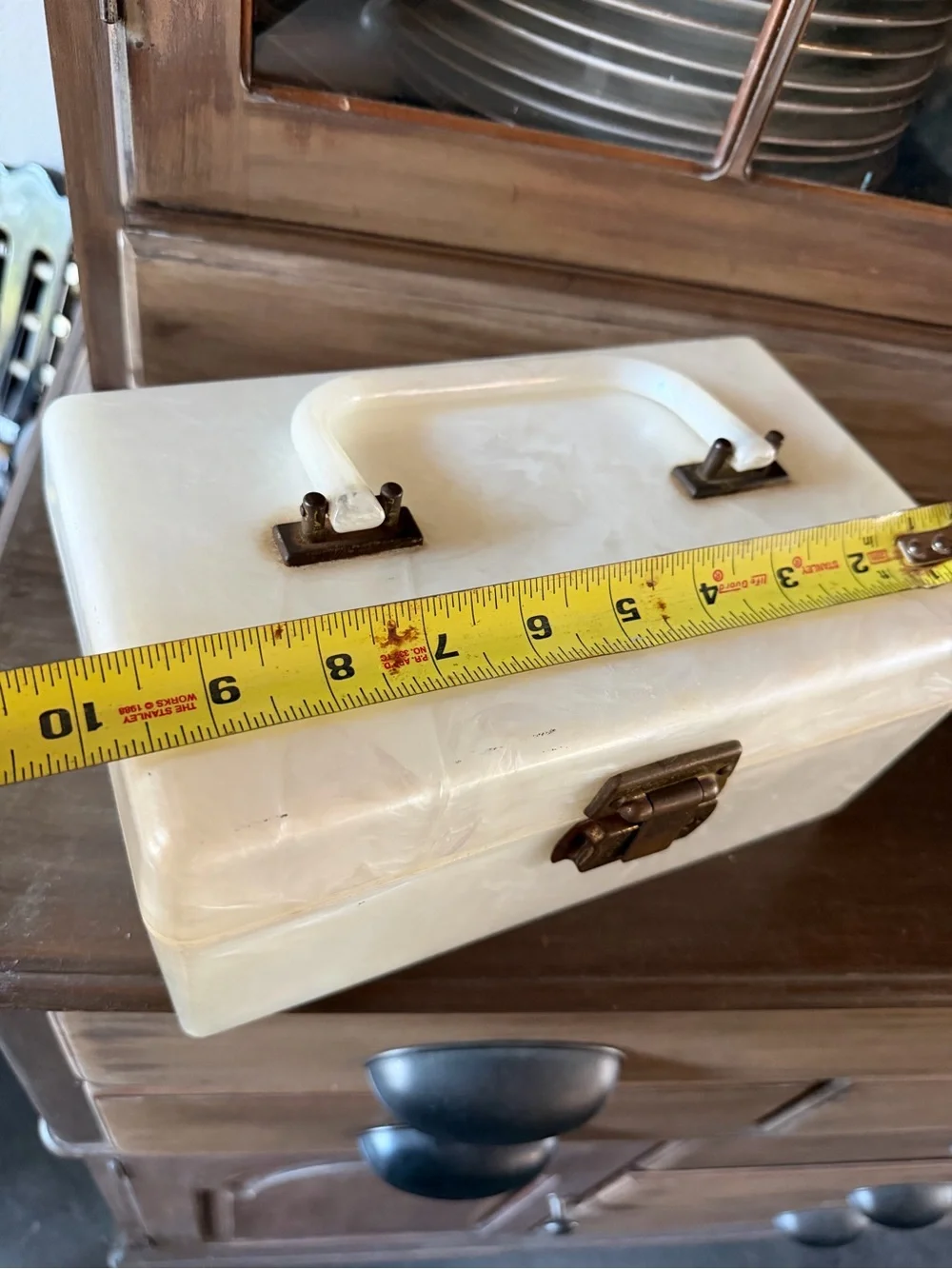 Vintage lucite plastic Pearl White Jewelry/makeup  Box with Brass Latch